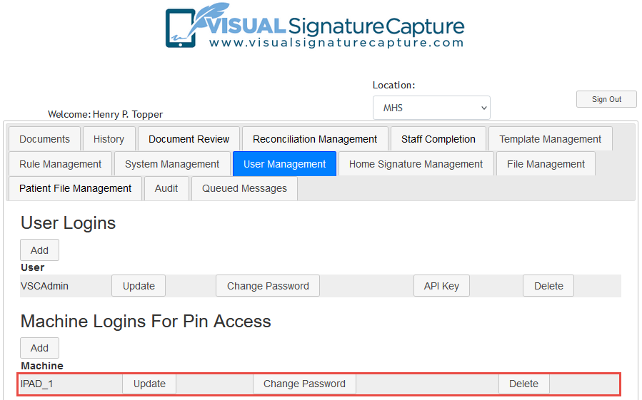 Screenshot of User Management Tab with Machine Added